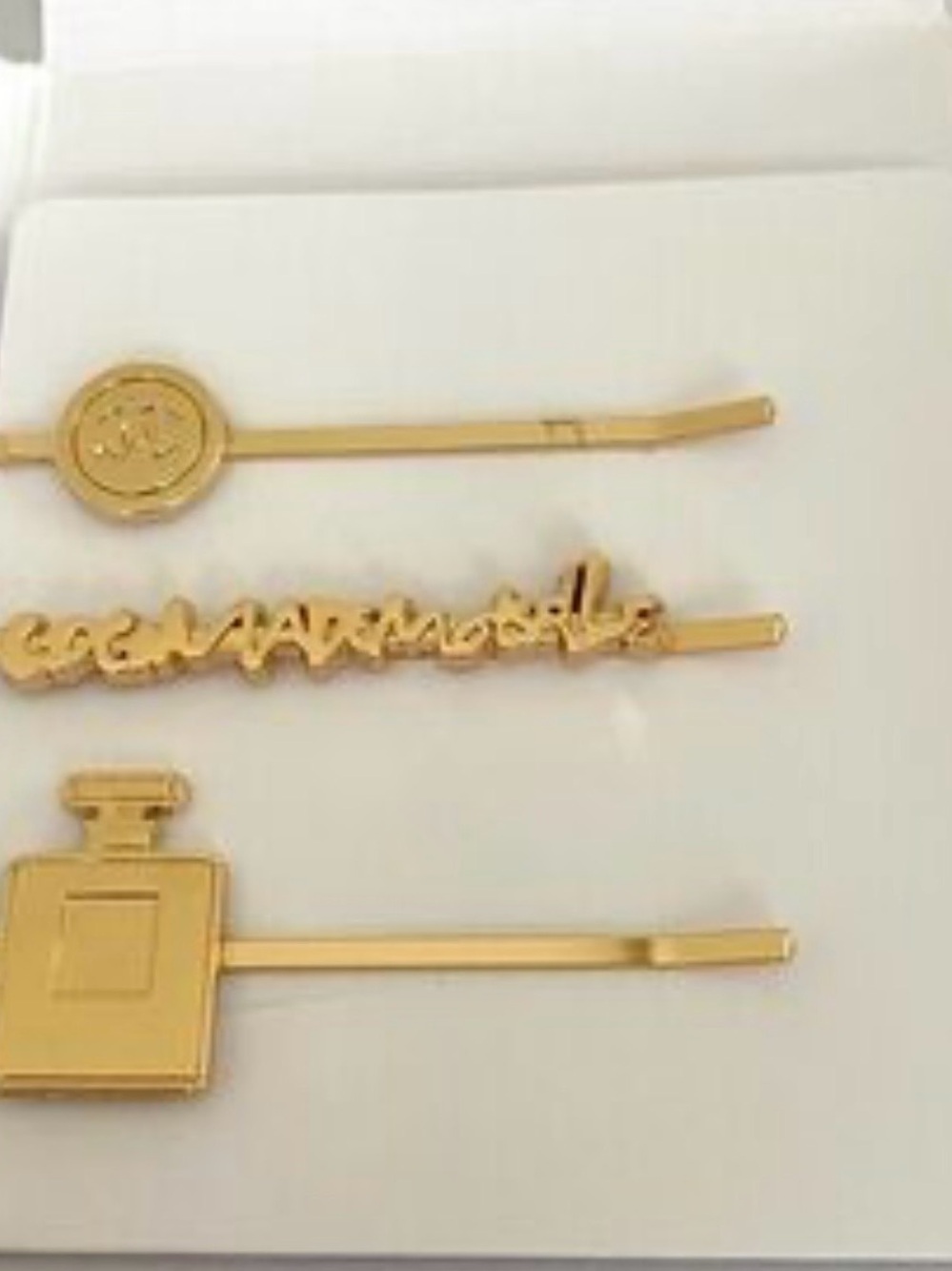 New CHANEL Gold Decorative Hair Pin Set - Logo & Perfume Motif